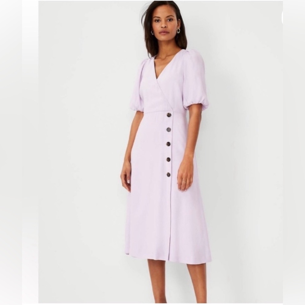 Anne Taylor Lavender Fields Front Puff Sleeve Button Up Purple Midi Dress